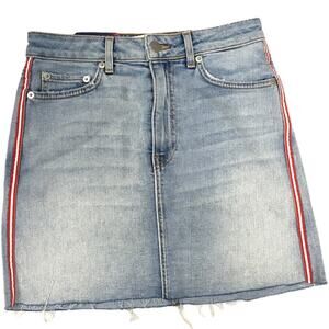 Sundry Jean Skirt‎ Love Red Side Stripe Light Wash Denim Raw Hem Mini Women's 25